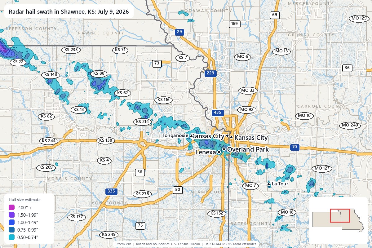 Radar-estimated hail swath in Shawnee, KS on July 9, 2026; colors show estimated hail sizes