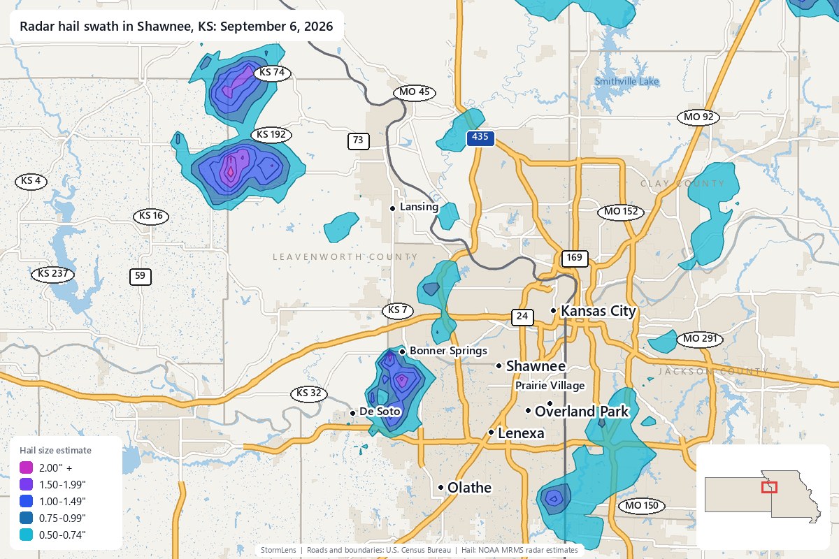 Radar-estimated hail swath in Shawnee, KS on September 6, 2026; colors show estimated hail sizes