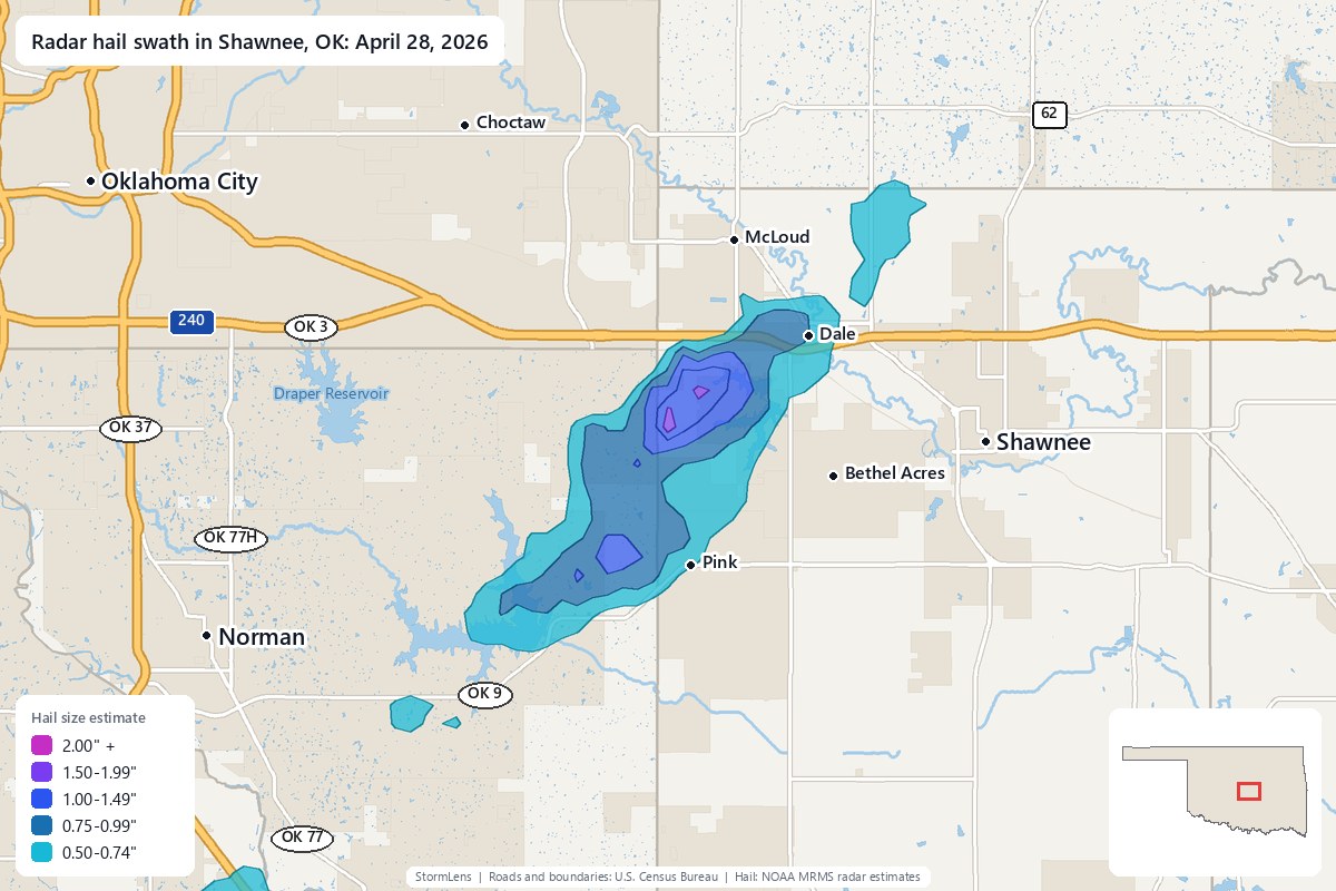 Radar-estimated hail swath in Shawnee, OK on April 28, 2026; colors show estimated hail sizes