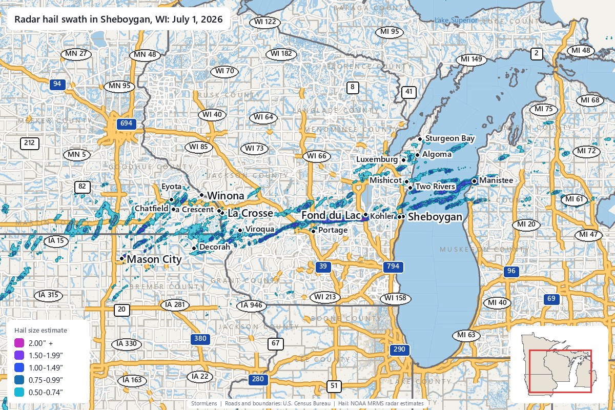 Radar-estimated hail swath in Sheboygan, WI on July 1, 2026; colors show estimated hail sizes