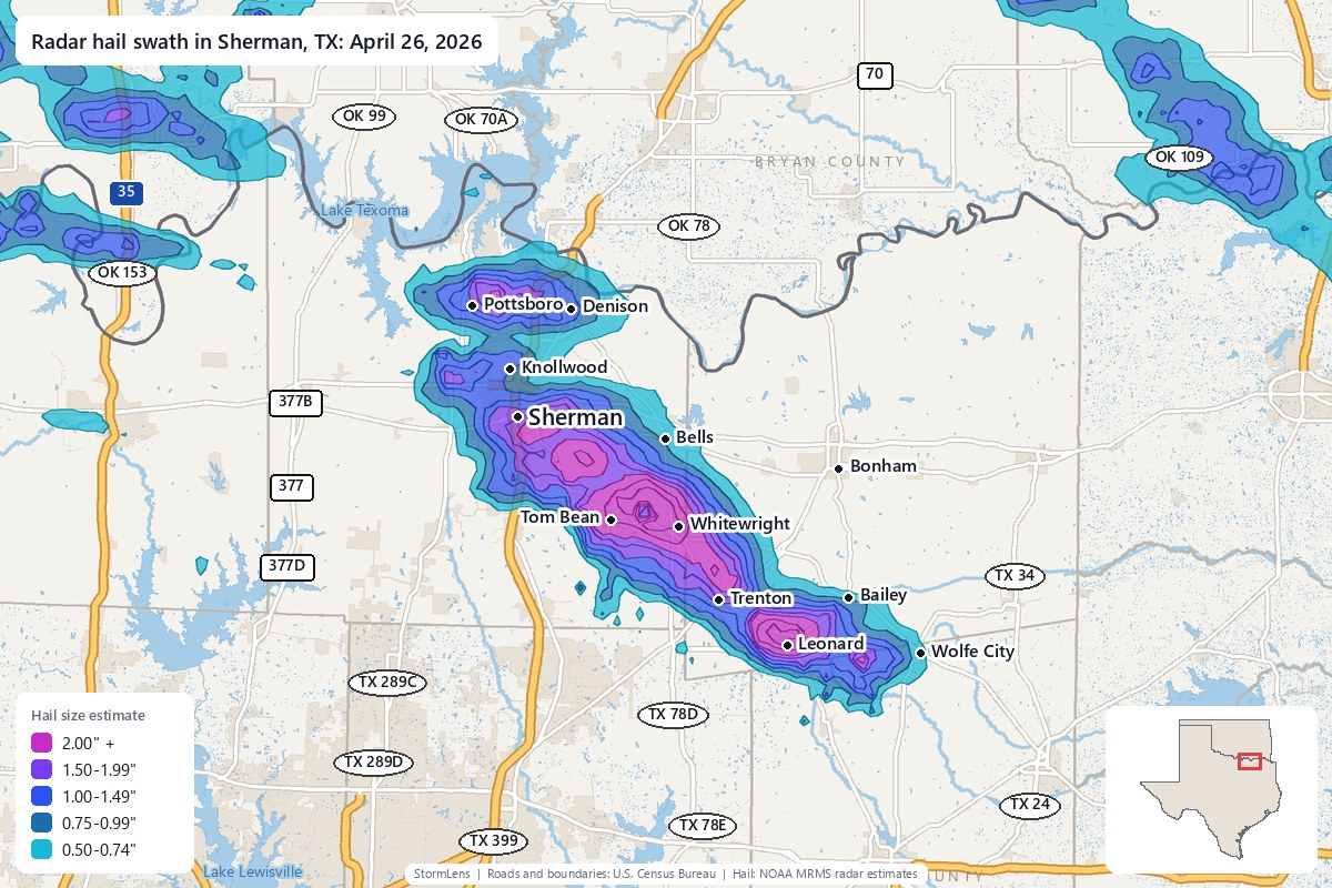 Radar-estimated hail swath in Sherman, TX on April 26, 2026; colors show estimated hail sizes