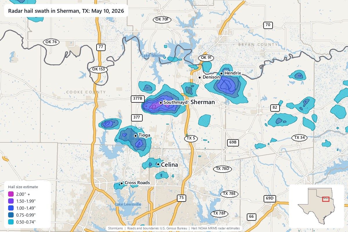 Radar-estimated hail swath in Sherman, TX on May 10, 2026; colors show estimated hail sizes