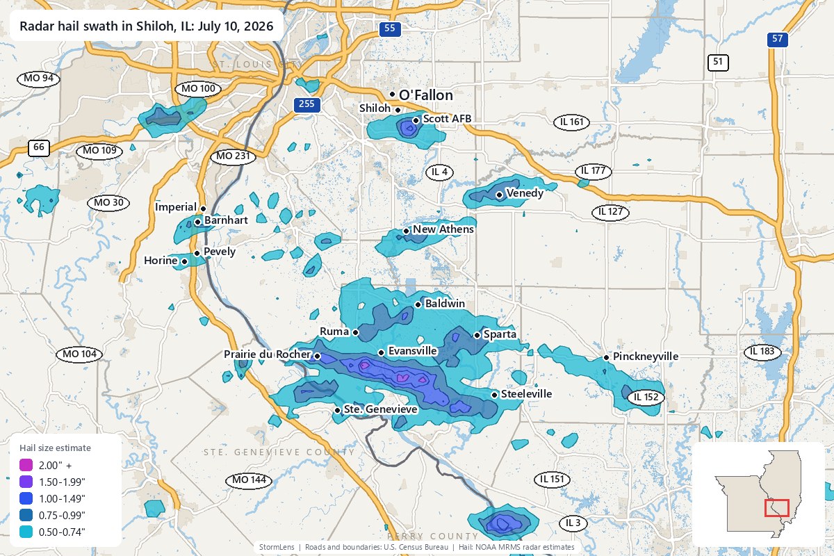 Radar-estimated hail swath in Shiloh, IL on July 10, 2026; colors show estimated hail sizes