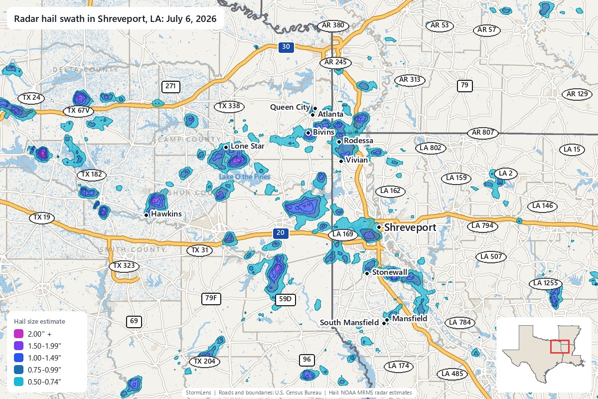 Radar-estimated hail swath in Shreveport, LA on July 6, 2026; colors show estimated hail sizes