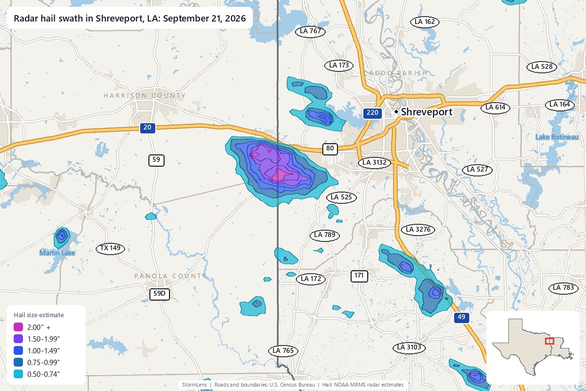 Radar-estimated hail swath in Shreveport, LA on September 21, 2026; colors show estimated hail sizes
