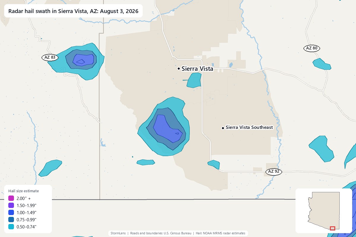 Radar-estimated hail swath in Sierra Vista, AZ on August 3, 2026; colors show estimated hail sizes