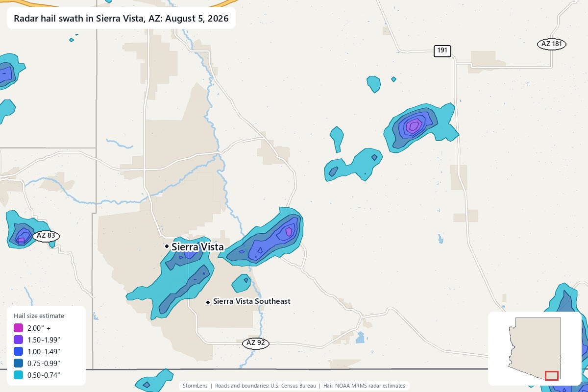 Radar-estimated hail swath in Sierra Vista, AZ on August 5, 2026; colors show estimated hail sizes