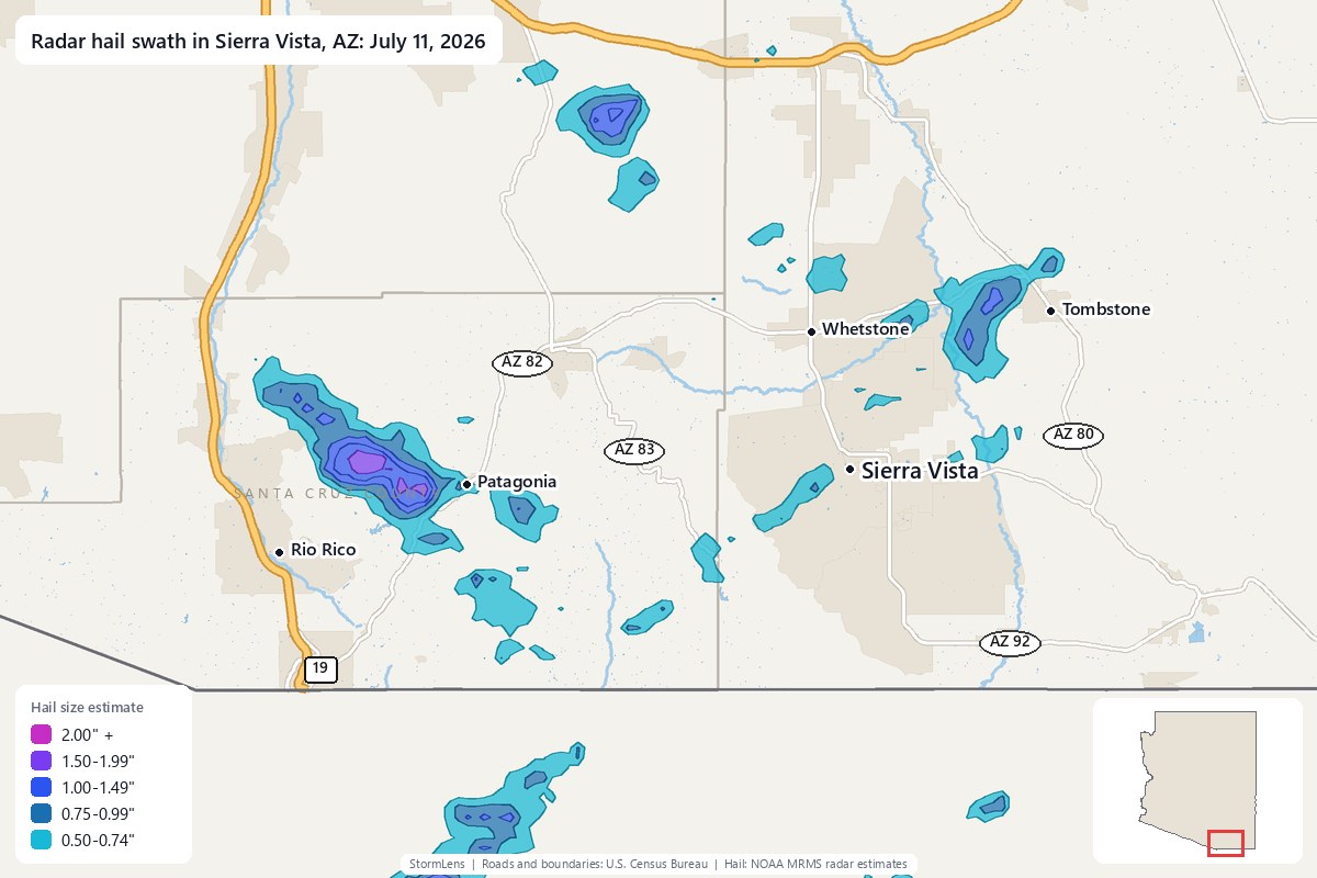 Radar-estimated hail swath in Sierra Vista, AZ on July 11, 2026; colors show estimated hail sizes