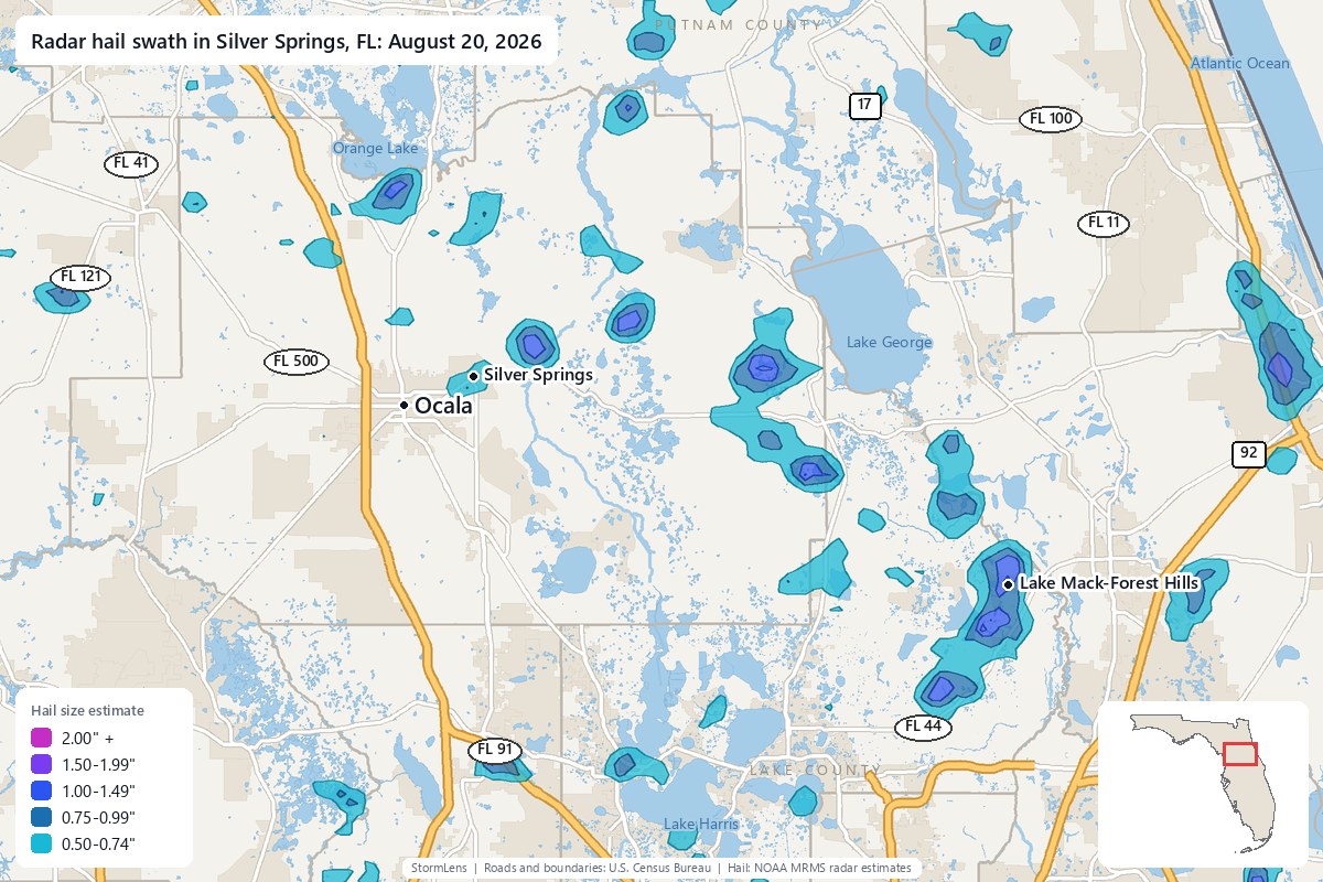 Radar-estimated hail swath in Silver Springs, FL on August 20, 2026; colors show estimated hail sizes