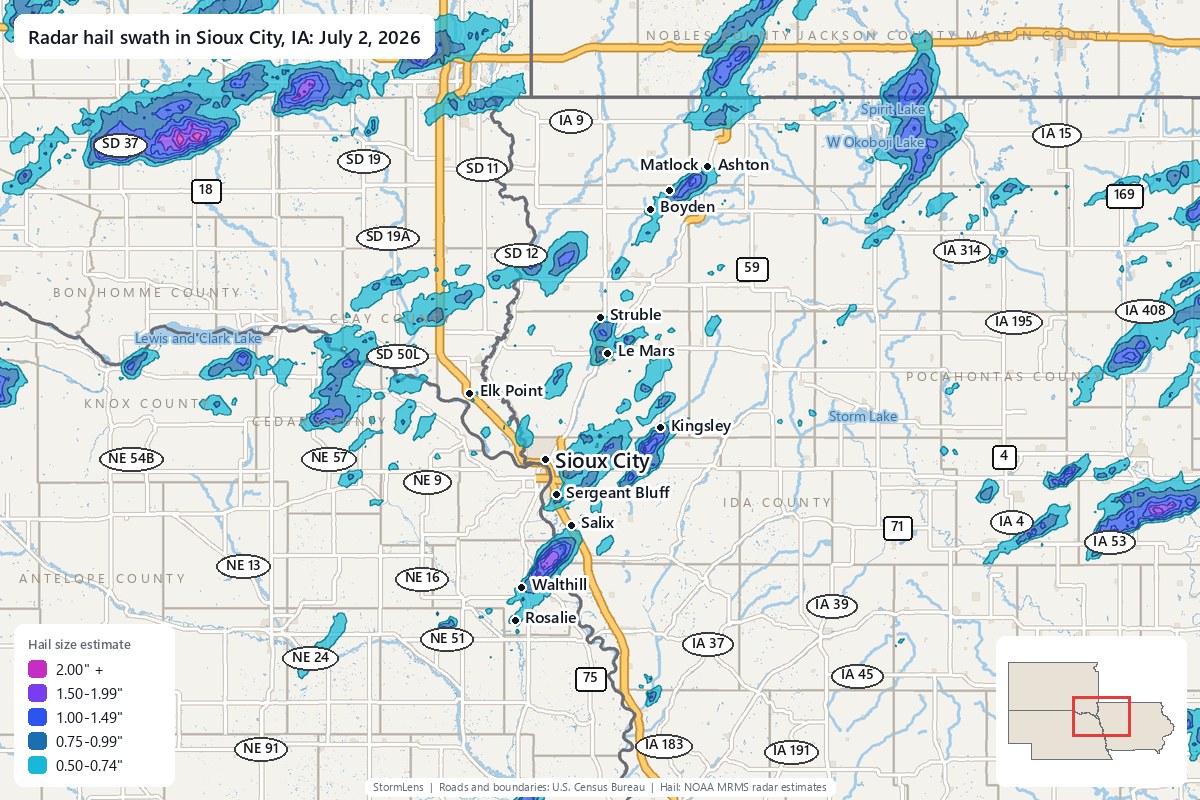 Radar-estimated hail swath in Sioux City, IA on July 2, 2026; colors show estimated hail sizes