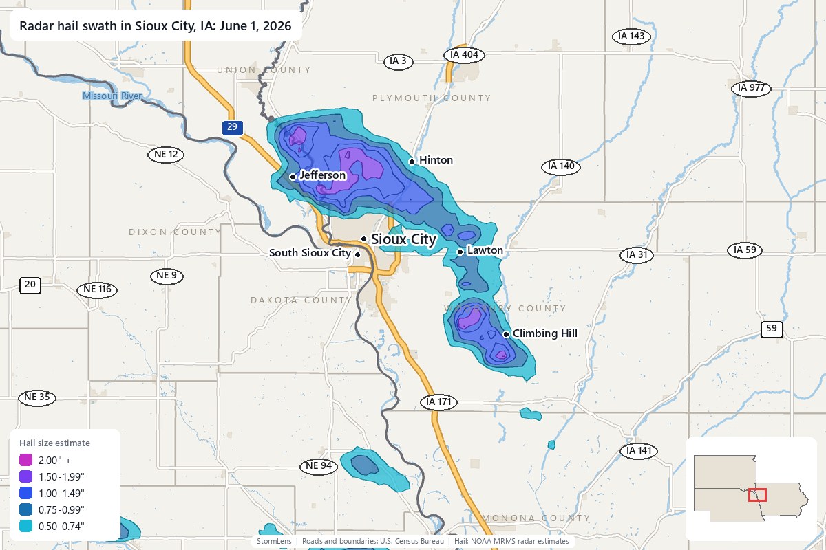 Radar-estimated hail swath in Sioux City, IA on June 1, 2026; colors show estimated hail sizes