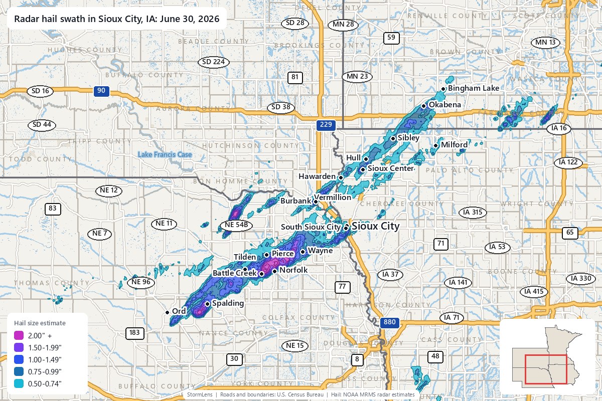 Radar-estimated hail swath in Sioux City, IA on June 30, 2026; colors show estimated hail sizes