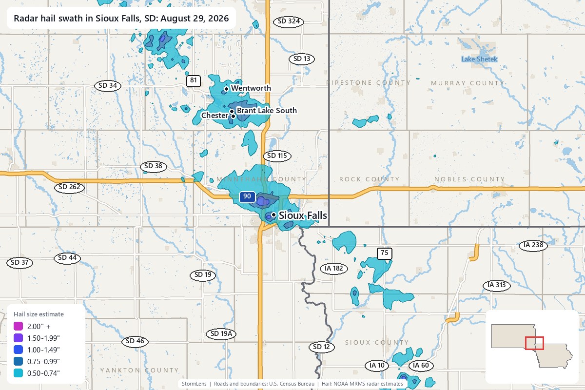 Radar-estimated hail swath in Sioux Falls, SD on August 29, 2026; colors show estimated hail sizes