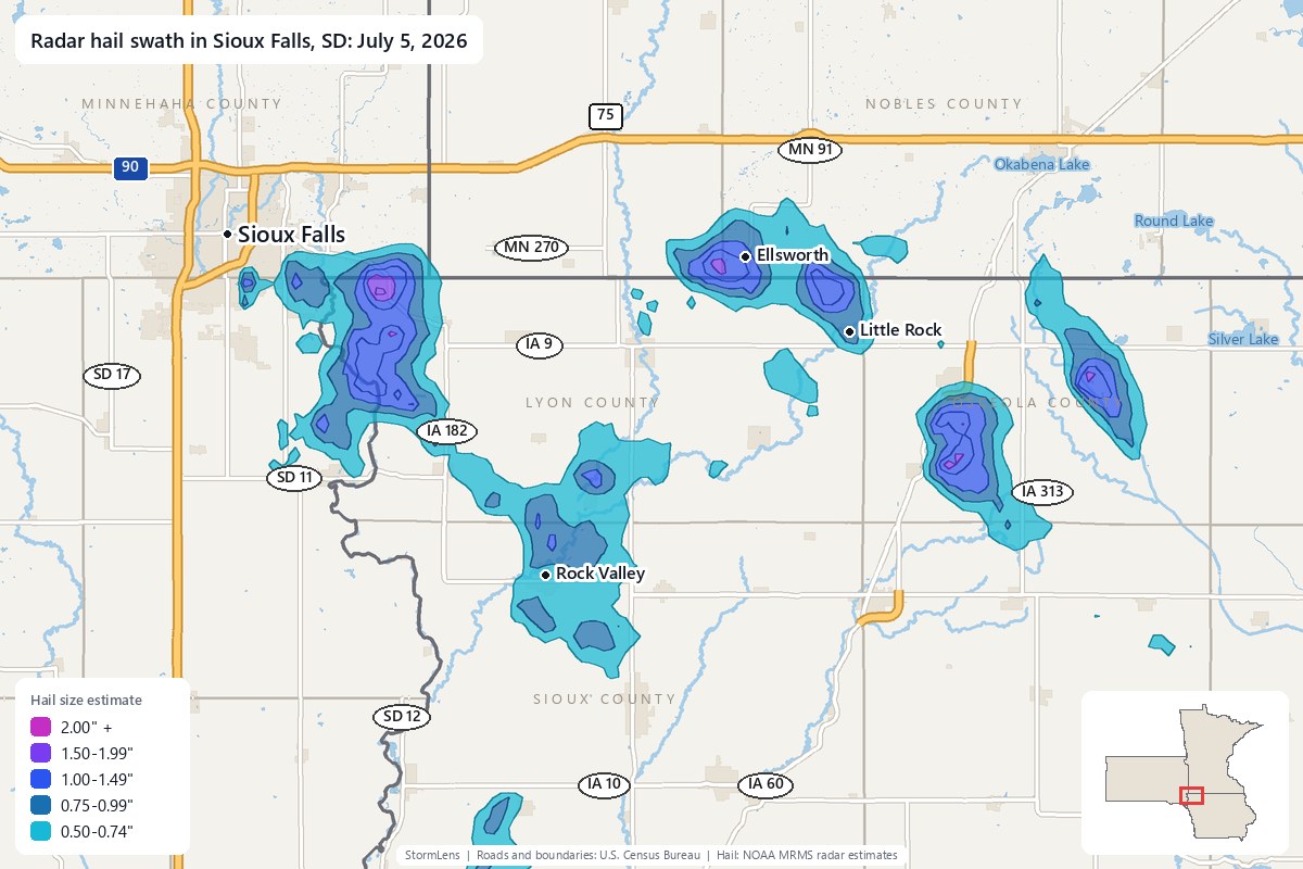 Radar-estimated hail swath in Sioux Falls, SD on July 5, 2026; colors show estimated hail sizes