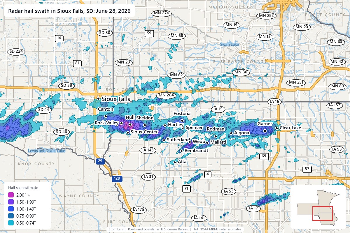 Radar-estimated hail swath in Sioux Falls, SD on June 28, 2026; colors show estimated hail sizes