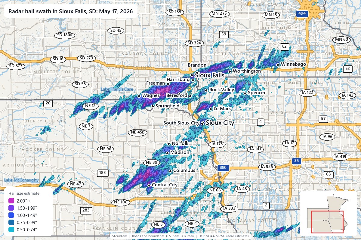 Radar-estimated hail swath in Sioux Falls, SD on May 17, 2026; colors show estimated hail sizes