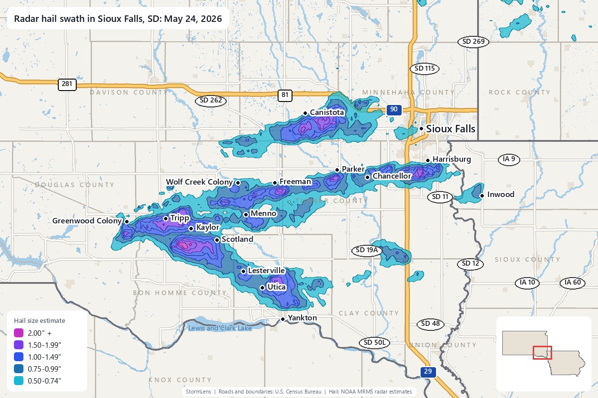 Radar-estimated hail swath in Sioux Falls, SD on May 24, 2026; colors show estimated hail sizes