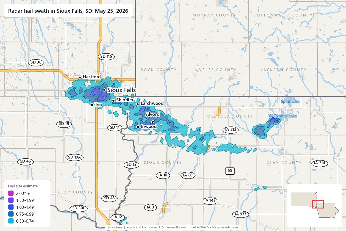 Radar-estimated hail swath in Sioux Falls, SD on May 25, 2026; colors show estimated hail sizes