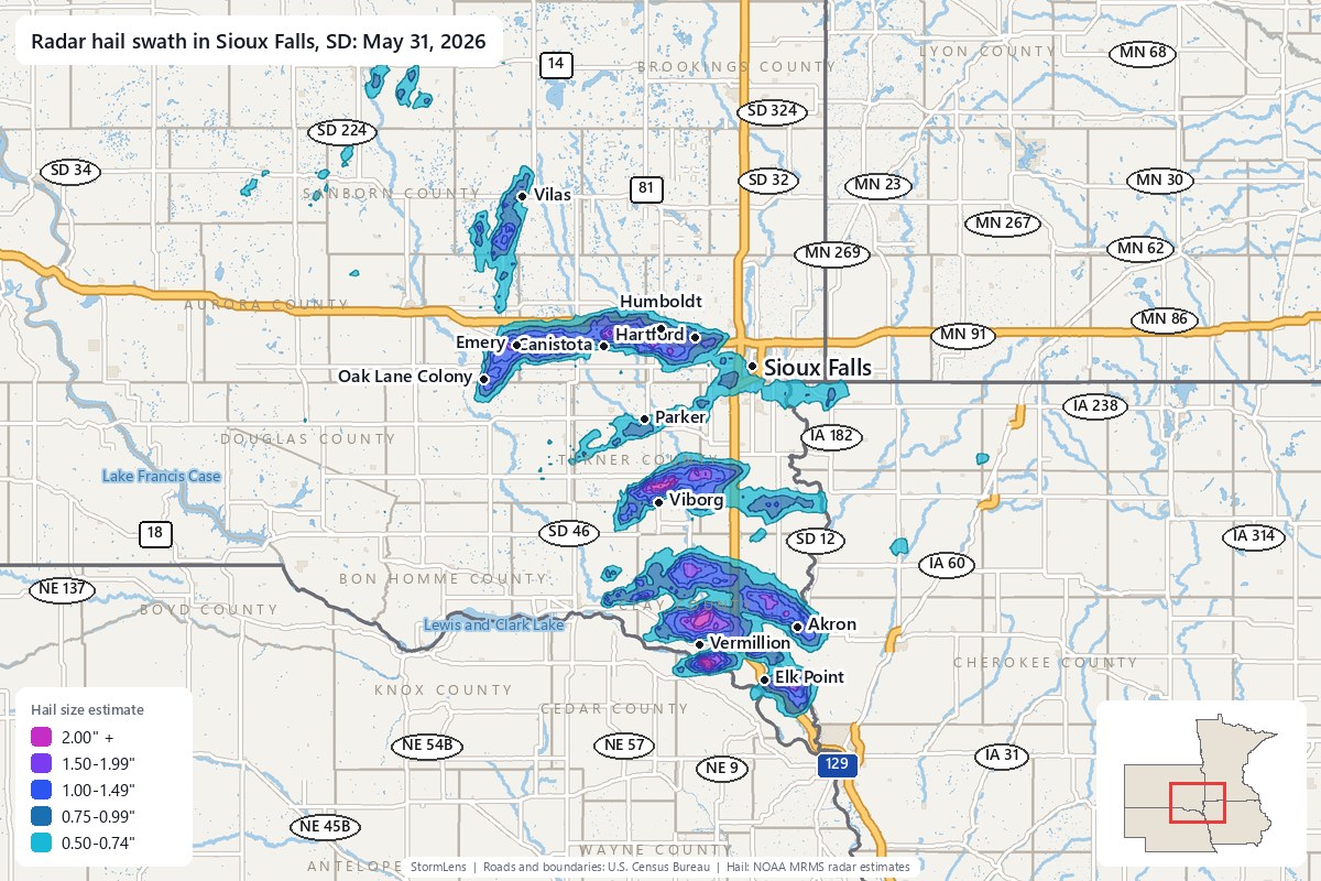 Radar-estimated hail swath in Sioux Falls, SD on May 31, 2026; colors show estimated hail sizes