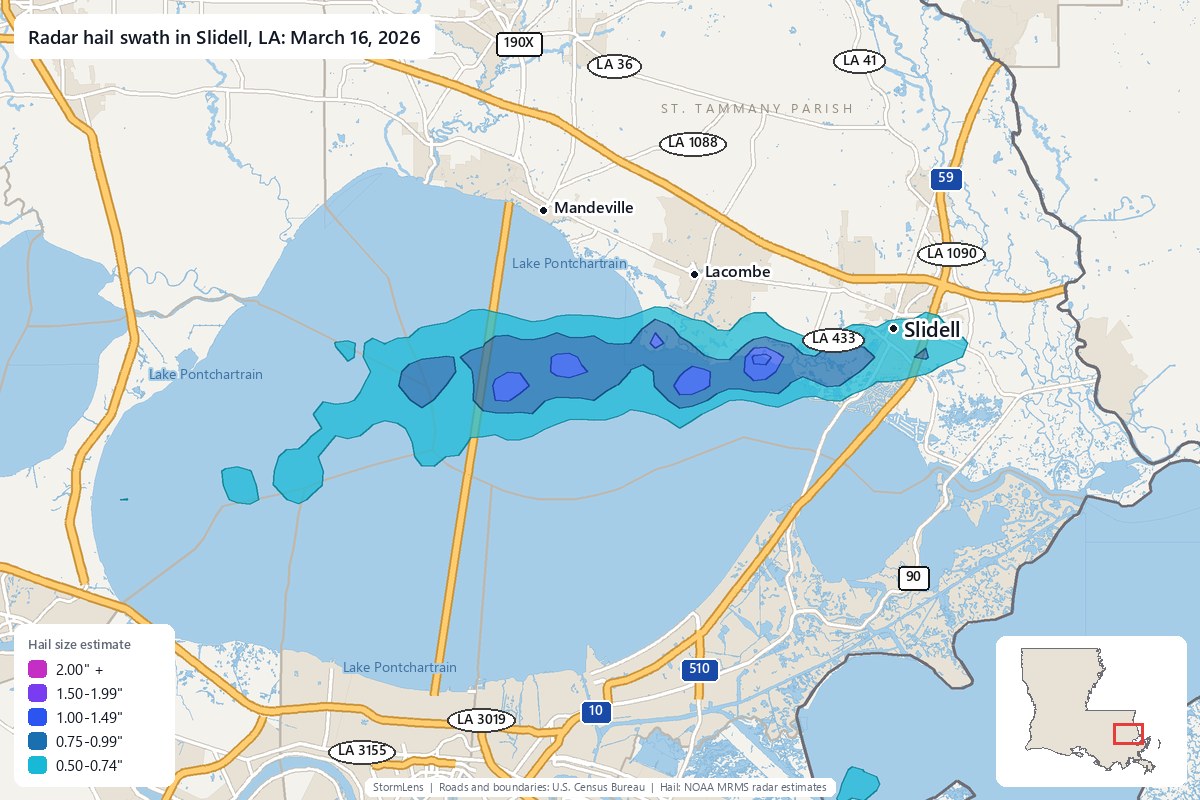 Radar-estimated hail swath in Slidell, LA on March 16, 2026; colors show estimated hail sizes