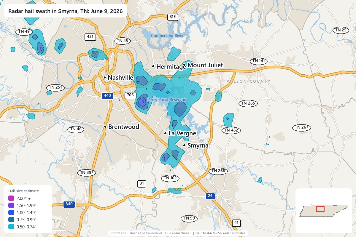 Radar-estimated hail swath in Smyrna, TN on June 9, 2026; colors show estimated hail sizes