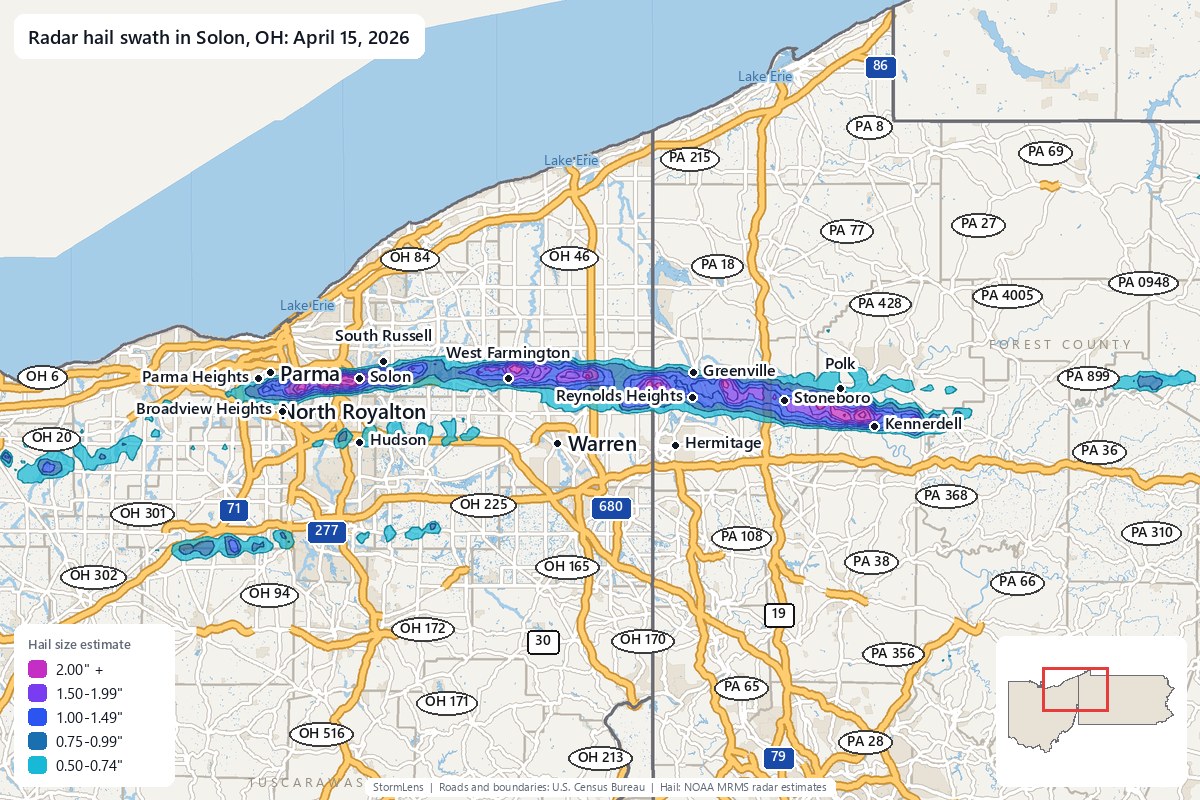 Radar-estimated hail swath in Solon, OH on April 15, 2026; colors show estimated hail sizes