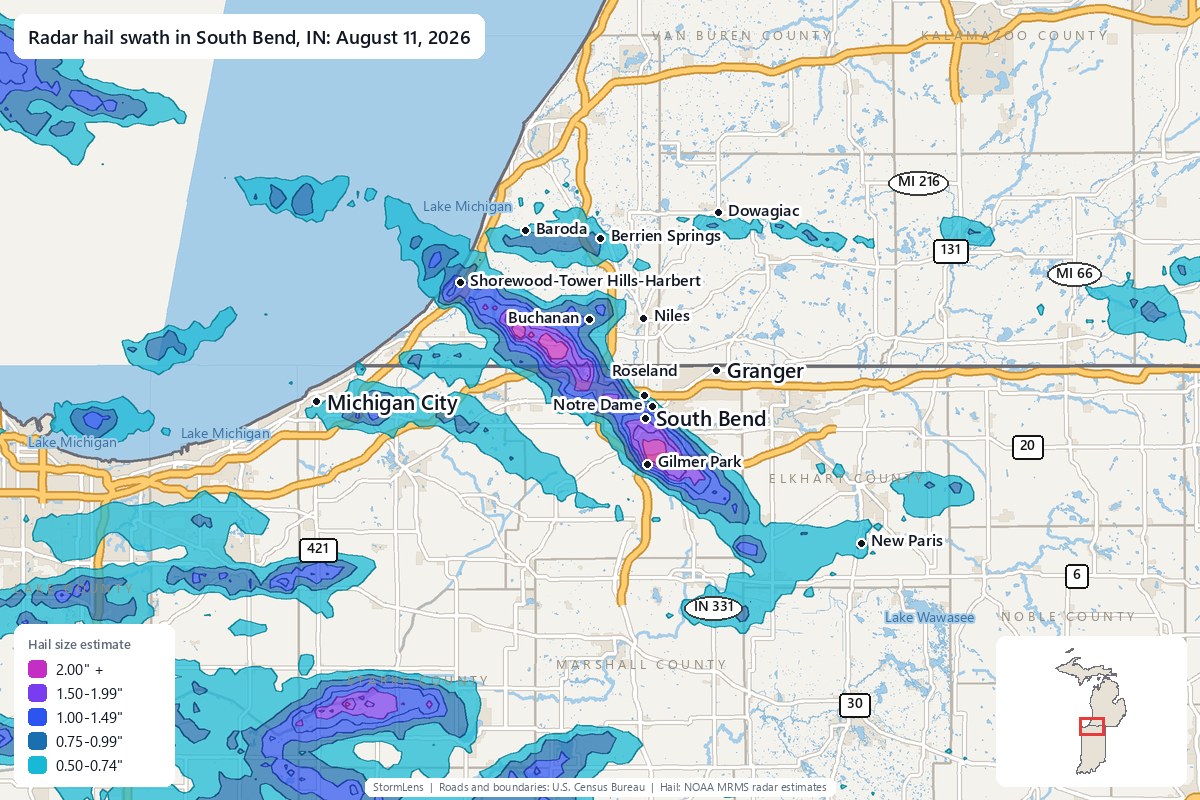 Radar-estimated hail swath in South Bend, IN on August 11, 2026; colors show estimated hail sizes