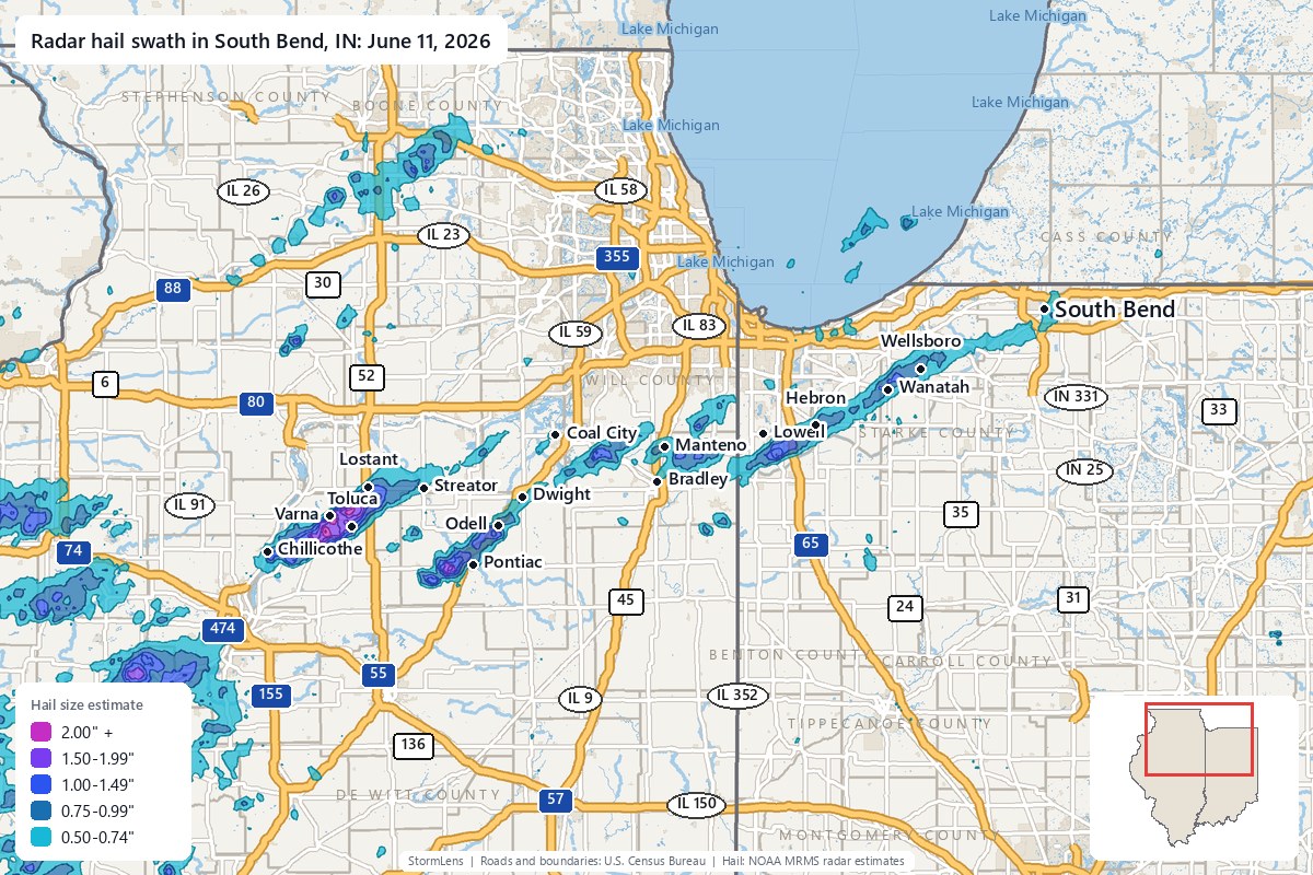 Radar-estimated hail swath in South Bend, IN on June 11, 2026; colors show estimated hail sizes