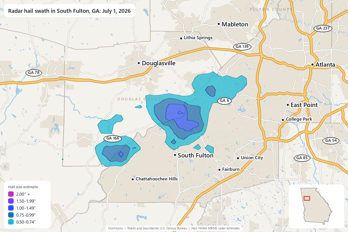 Radar-estimated hail swath in South Fulton, GA on July 1, 2026; colors show estimated hail sizes