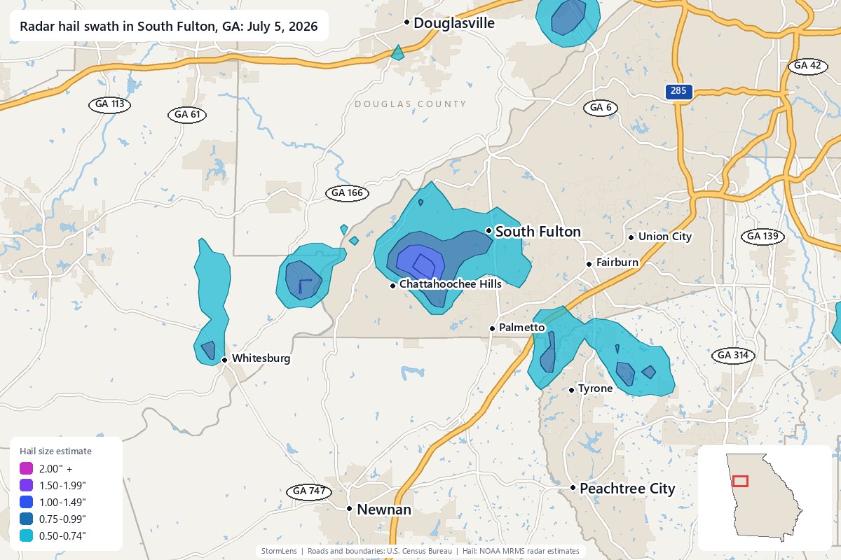 Radar-estimated hail swath in South Fulton, GA on July 5, 2026; colors show estimated hail sizes