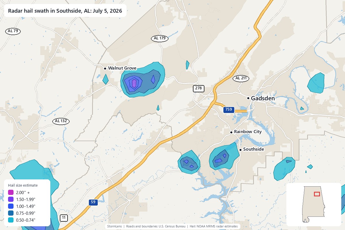 Radar-estimated hail swath in Southside, AL on July 5, 2026; colors show estimated hail sizes