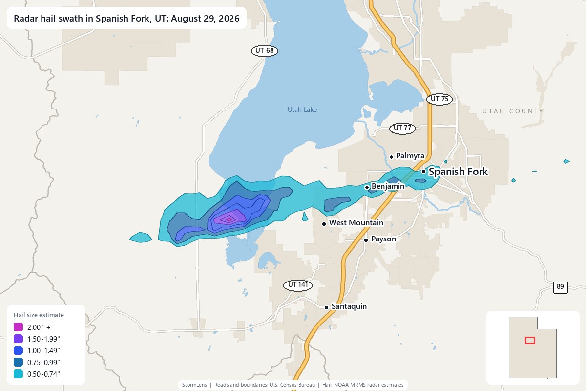 Radar-estimated hail swath in Spanish Fork, UT on August 29, 2026; colors show estimated hail sizes