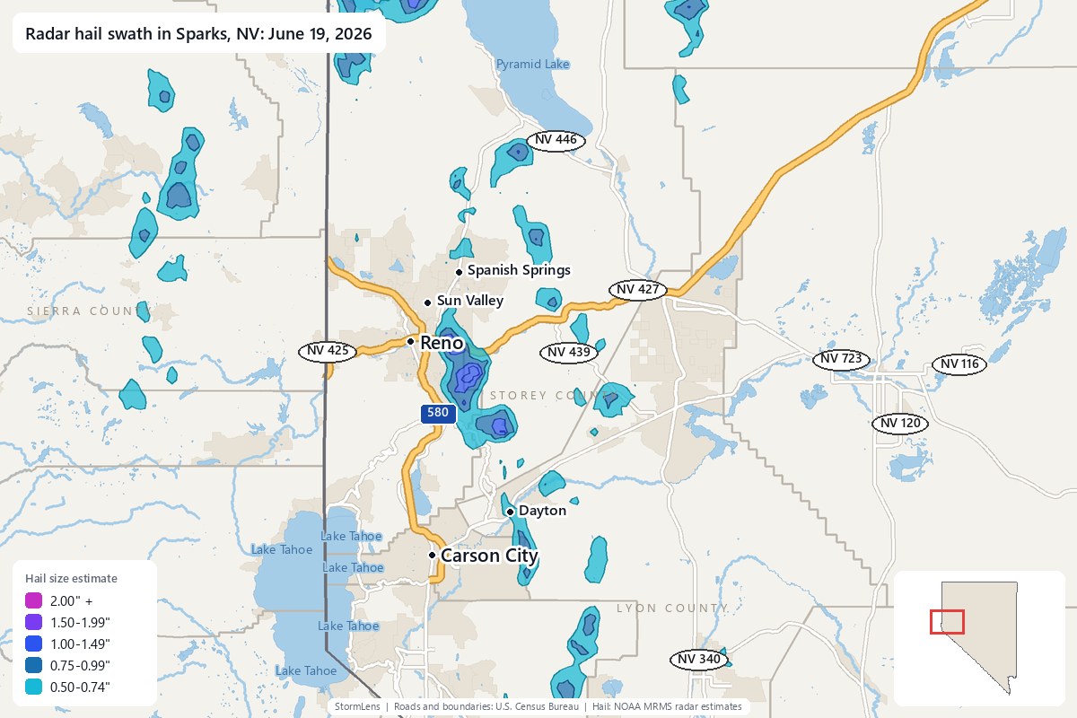 Radar-estimated hail swath in Sparks, NV on June 19, 2026; colors show estimated hail sizes