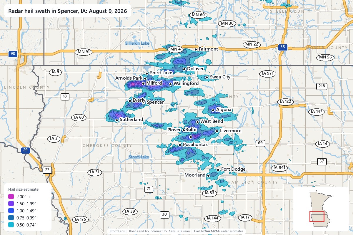 Radar-estimated hail swath in Spencer, IA on August 9, 2026; colors show estimated hail sizes