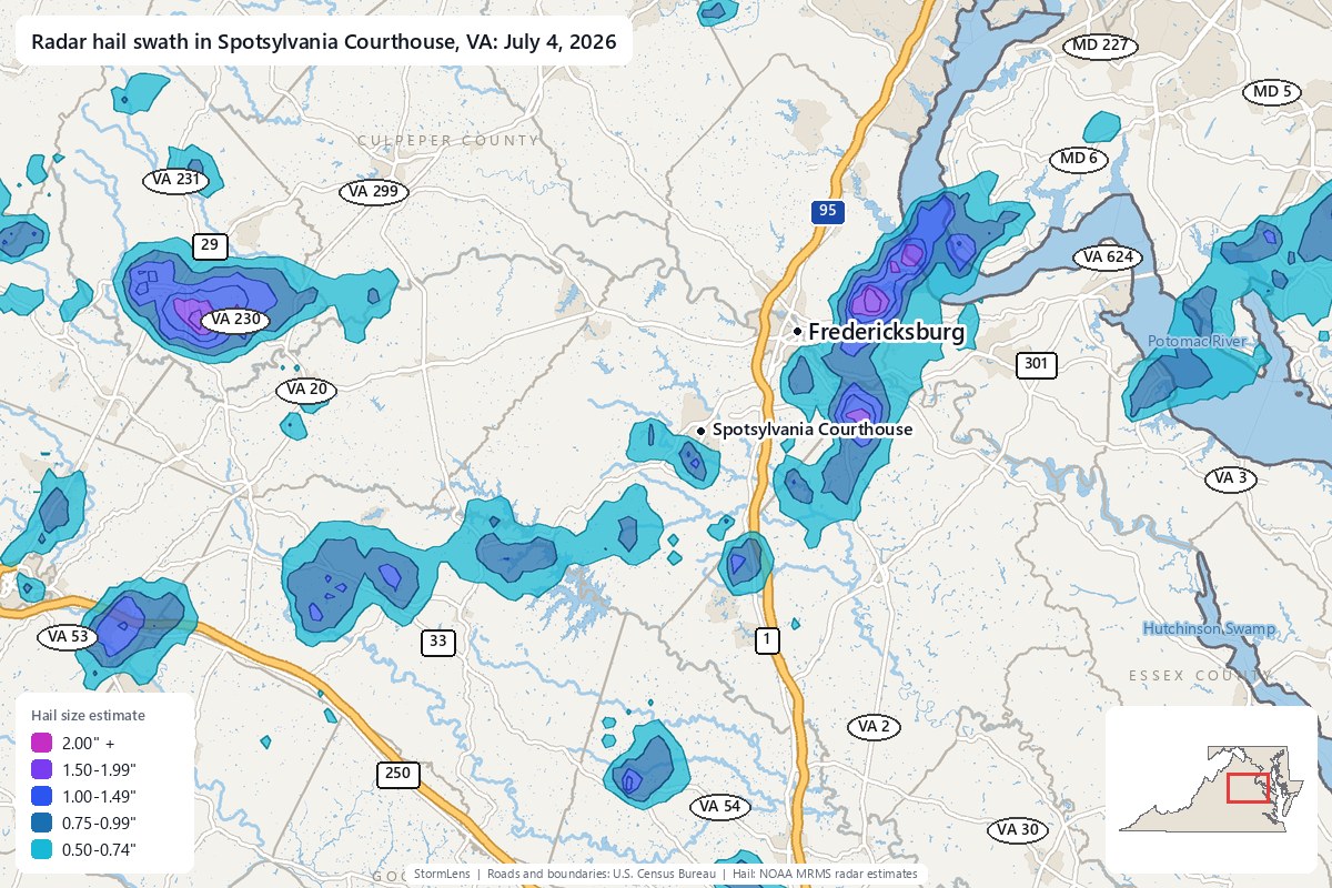 Radar-estimated hail swath in Spotsylvania Courthouse, VA on July 4, 2026; colors show estimated hail sizes