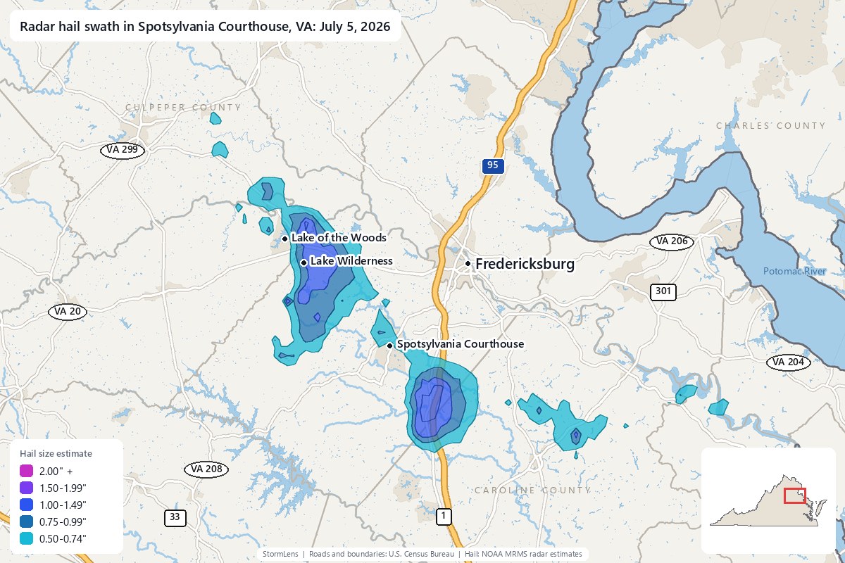Radar-estimated hail swath in Spotsylvania Courthouse, VA on July 5, 2026; colors show estimated hail sizes