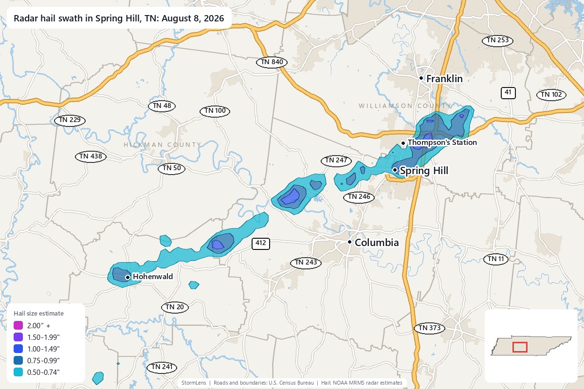 Radar-estimated hail swath in Spring Hill, TN on August 8, 2026; colors show estimated hail sizes