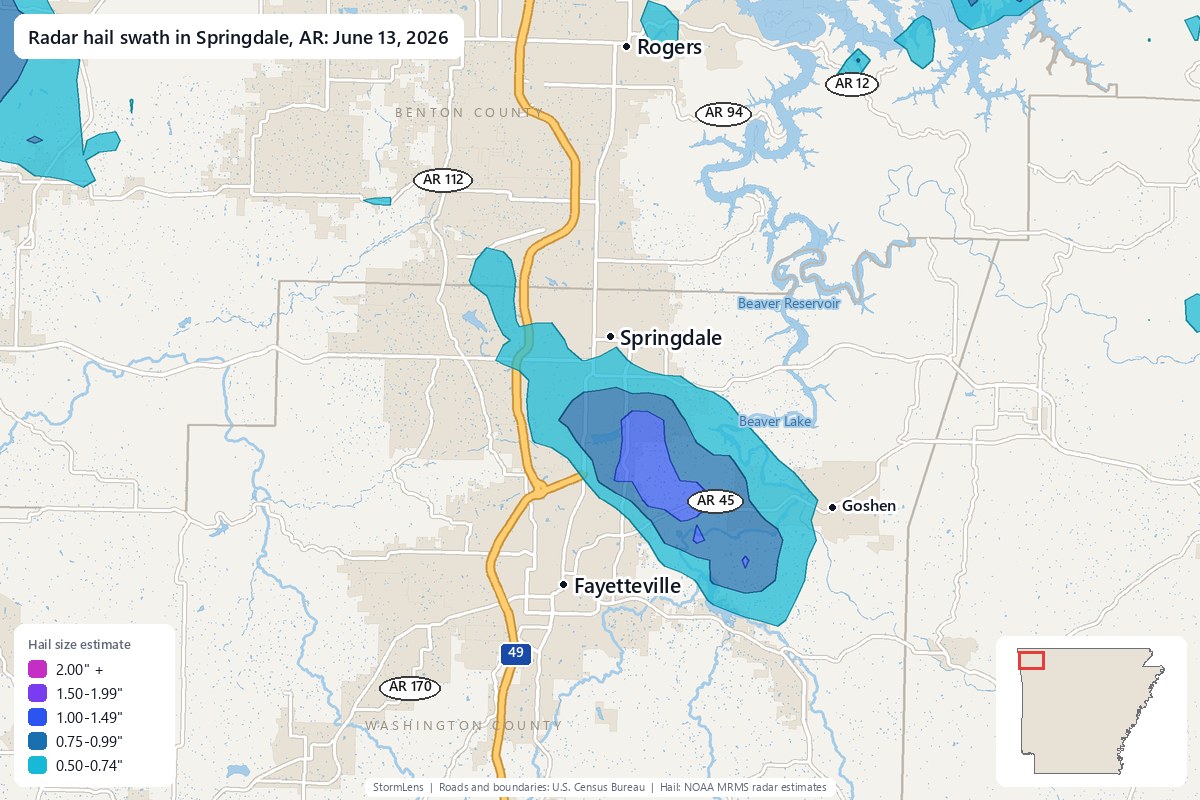Radar-estimated hail swath in Springdale, AR on June 13, 2026; colors show estimated hail sizes