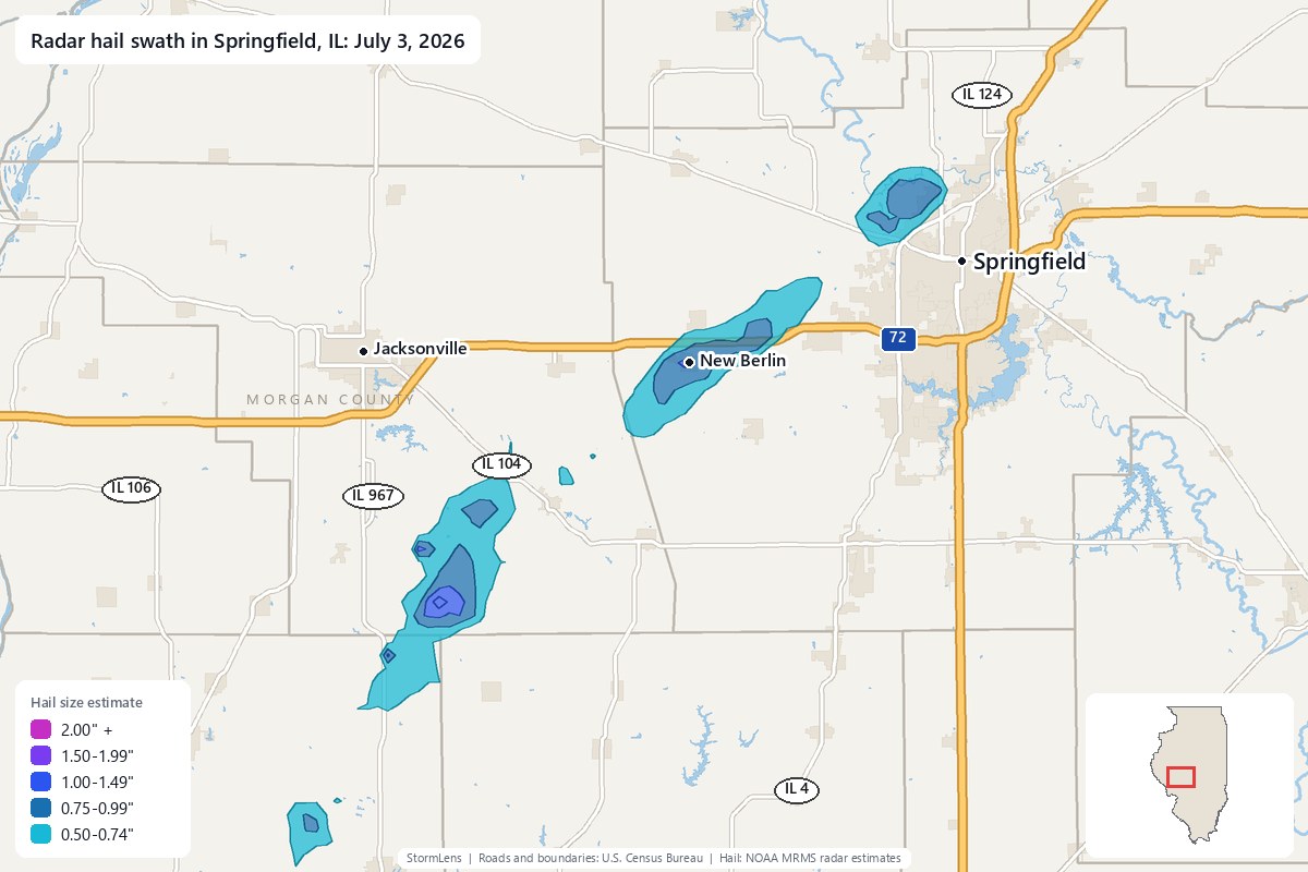 Radar-estimated hail swath in Springfield, IL on July 3, 2026; colors show estimated hail sizes