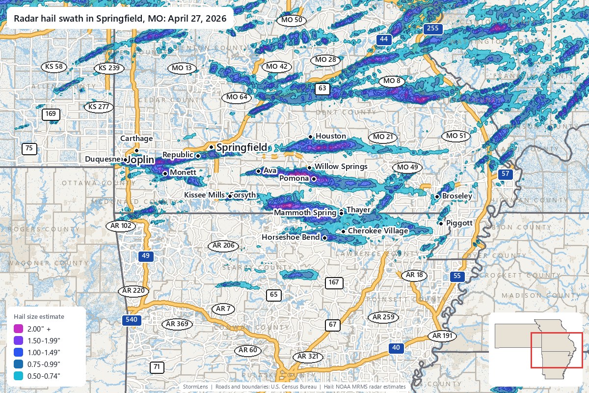 Radar-estimated hail swath in Springfield, MO on April 27, 2026; colors show estimated hail sizes