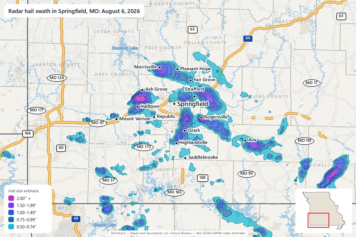 Radar-estimated hail swath in Springfield, MO on August 6, 2026; colors show estimated hail sizes
