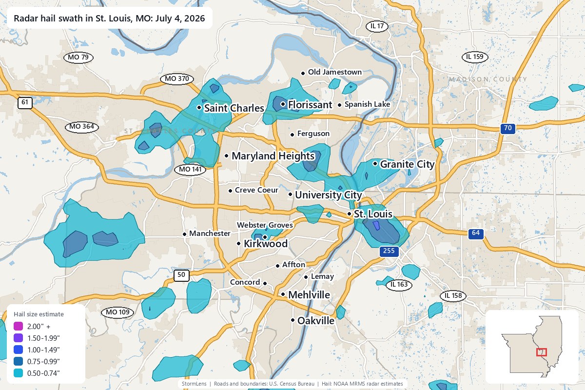 Radar-estimated hail swath in St. Louis, MO on July 4, 2026; colors show estimated hail sizes
