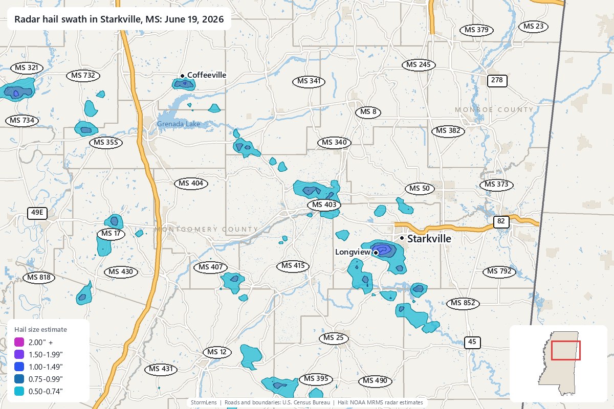 Radar-estimated hail swath in Starkville, MS on June 19, 2026; colors show estimated hail sizes