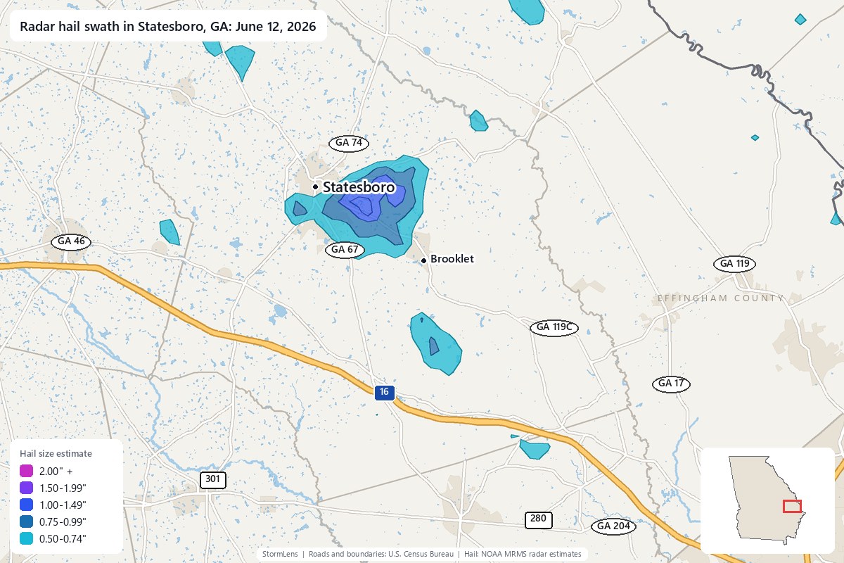 Radar-estimated hail swath in Statesboro, GA on June 12, 2026; colors show estimated hail sizes