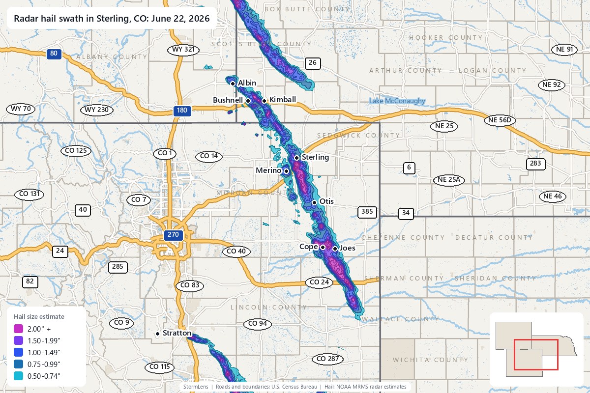 Radar-estimated hail swath in Sterling, CO on June 22, 2026; colors show estimated hail sizes