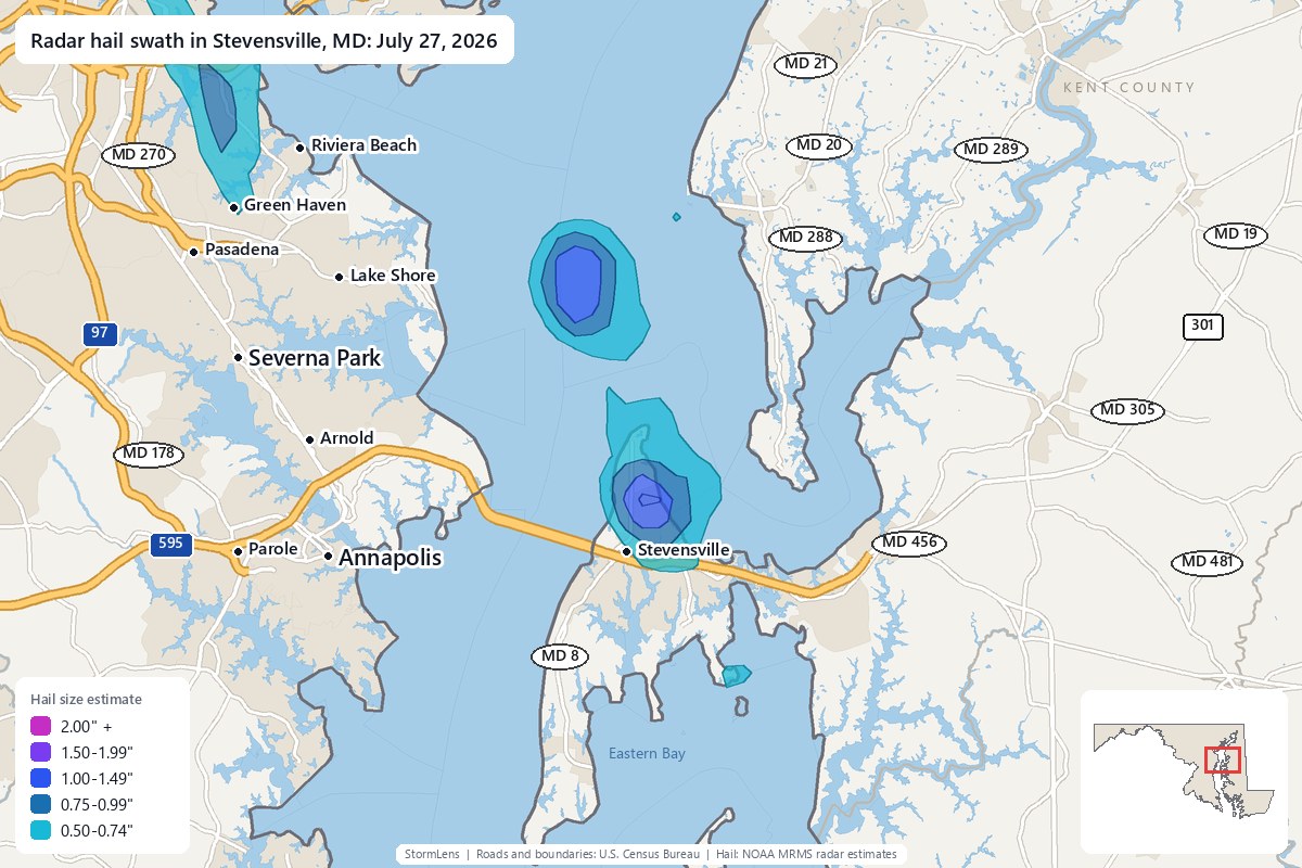 Radar-estimated hail swath in Stevensville, MD on July 27, 2026; colors show estimated hail sizes