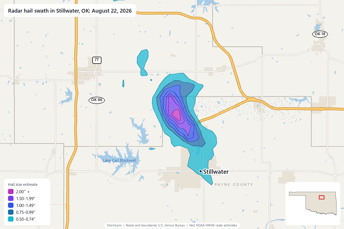 Radar-estimated hail swath in Stillwater, OK on August 22, 2026; colors show estimated hail sizes