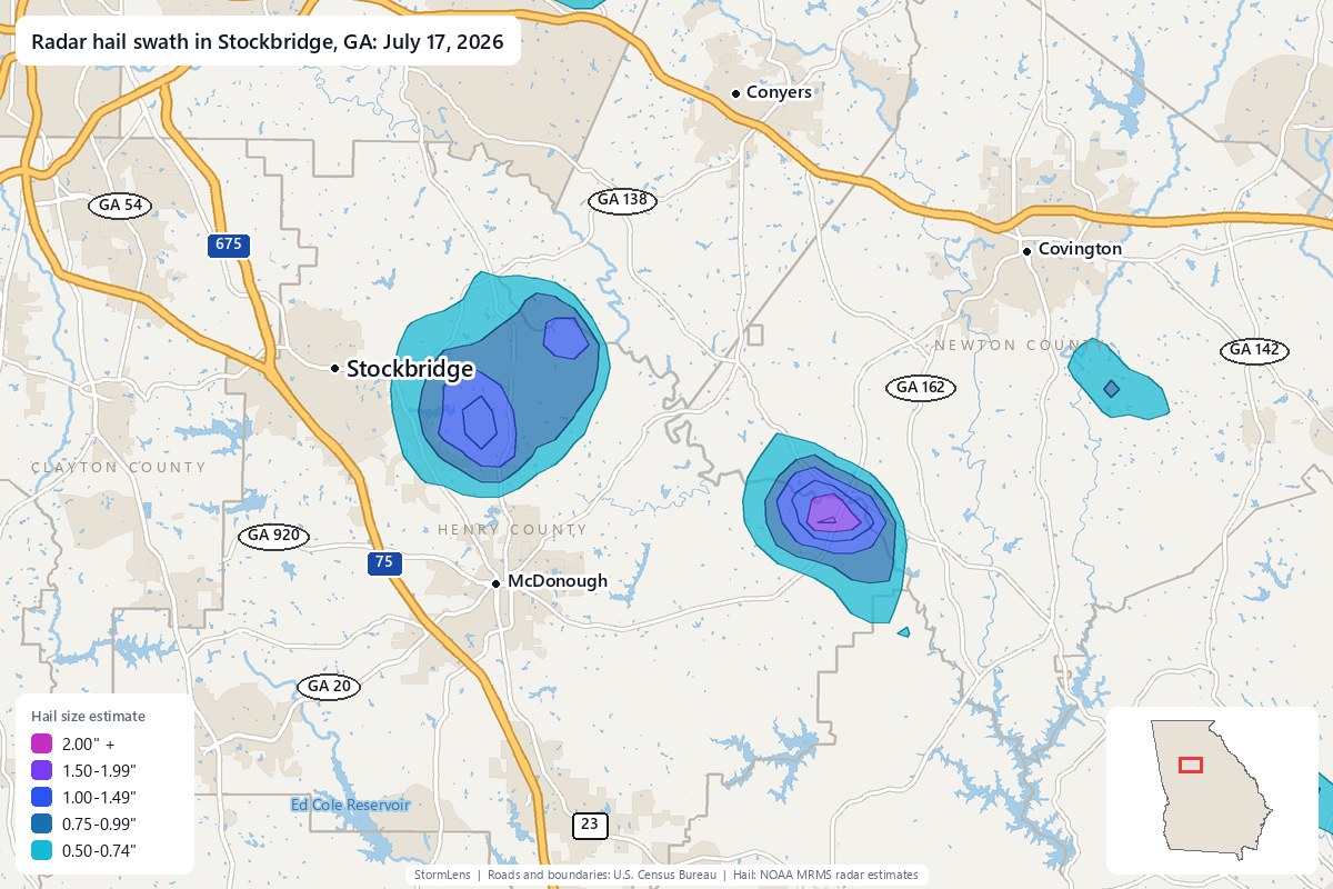 Radar-estimated hail swath in Stockbridge, GA on July 17, 2026; colors show estimated hail sizes