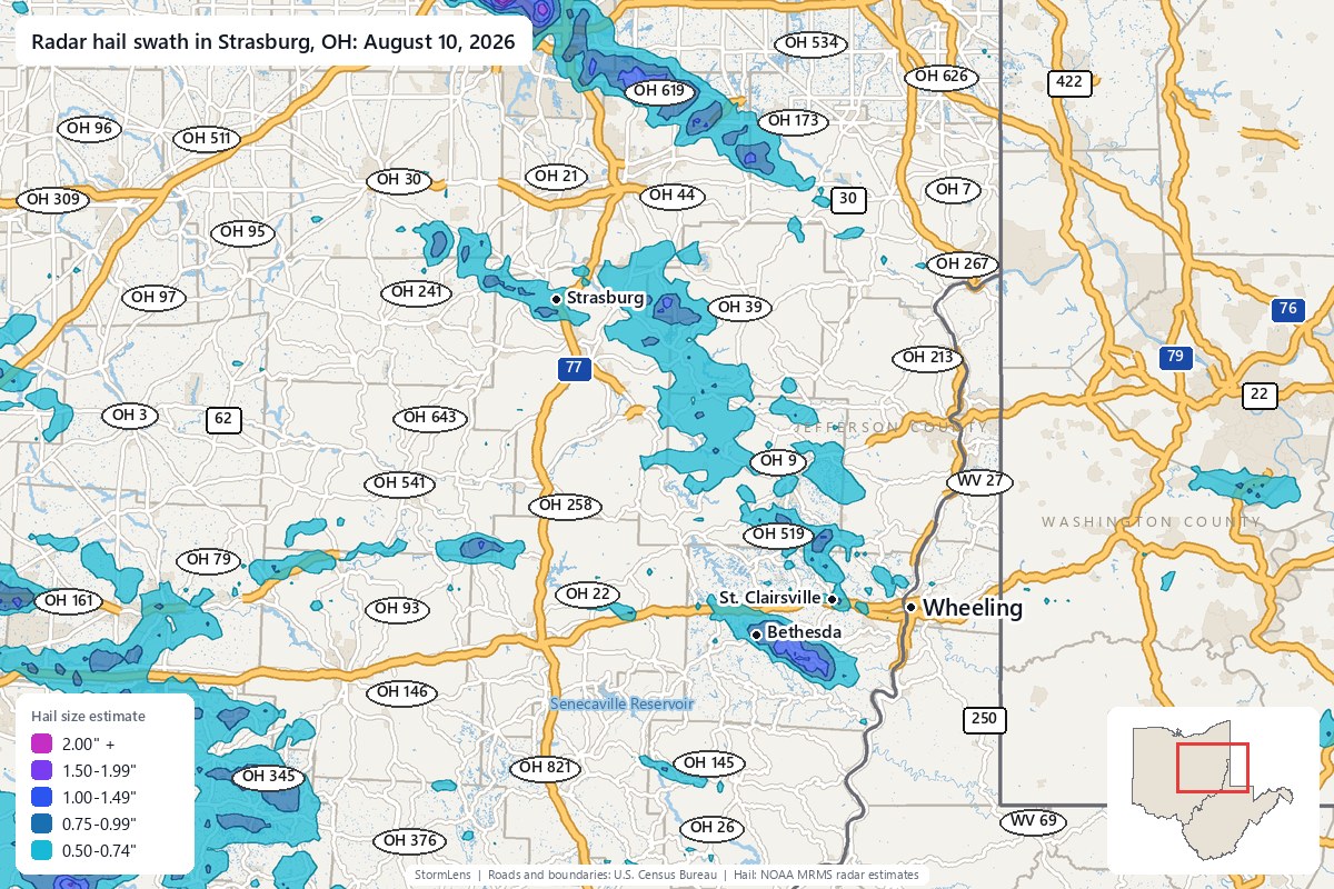 Radar-estimated hail swath in Strasburg, OH on August 10, 2026; colors show estimated hail sizes