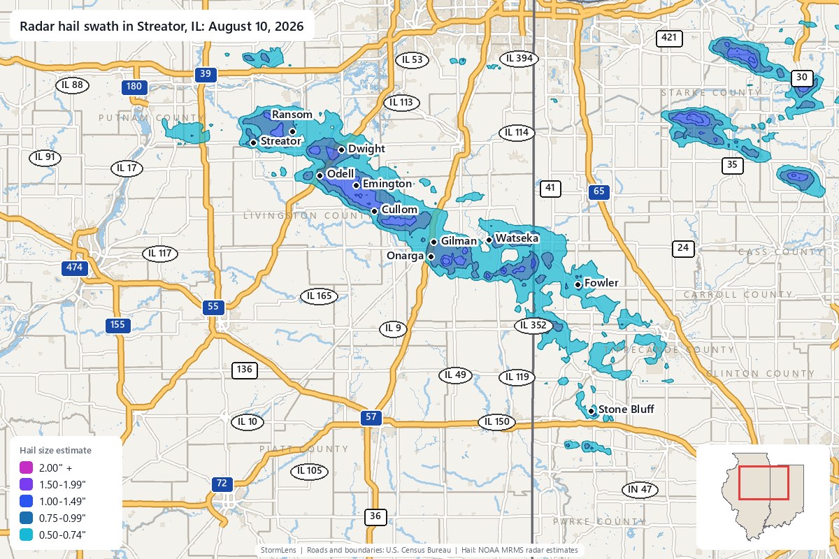 Radar-estimated hail swath in Streator, IL on August 10, 2026; colors show estimated hail sizes